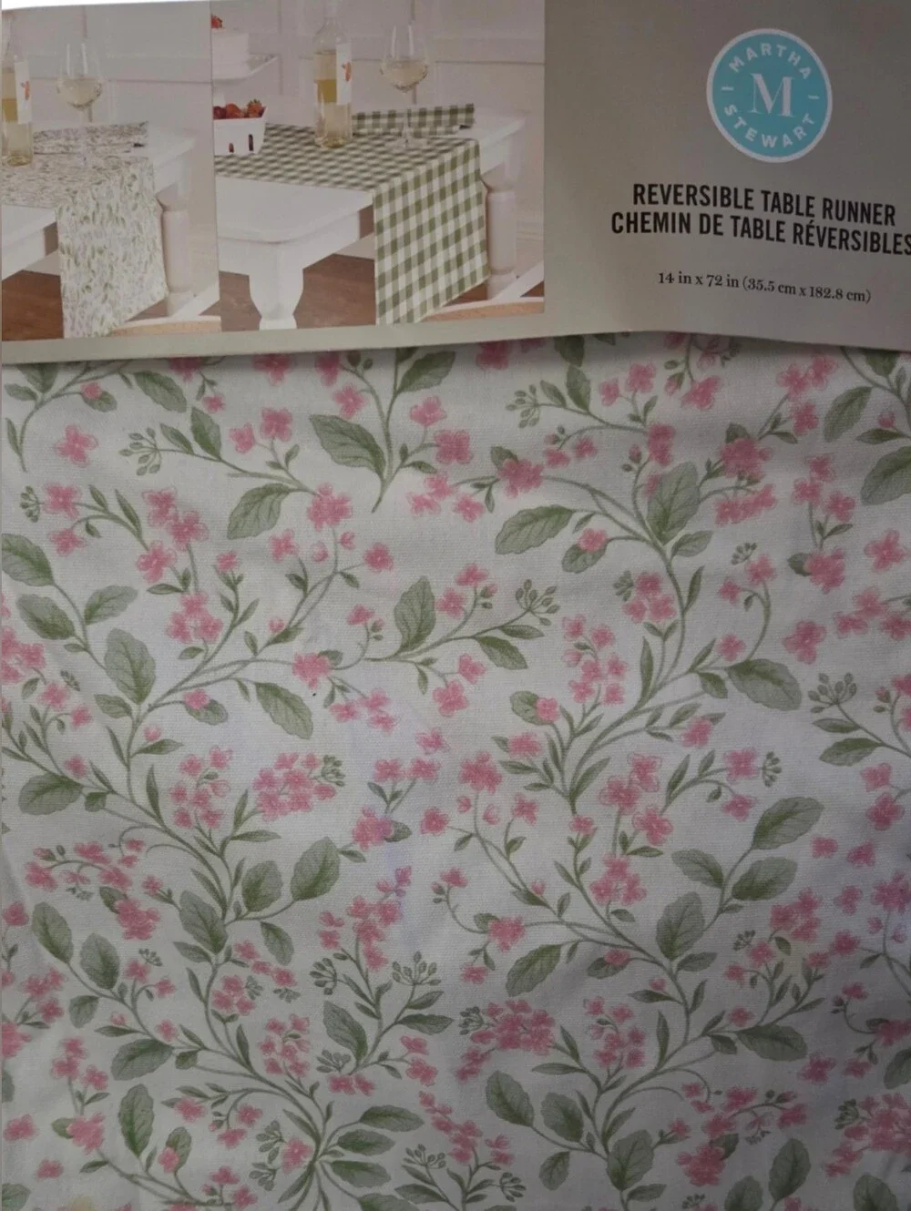 Martha Stewart - NEW Pink Floral and Green Gingham Reversible Table Runner 14x72
